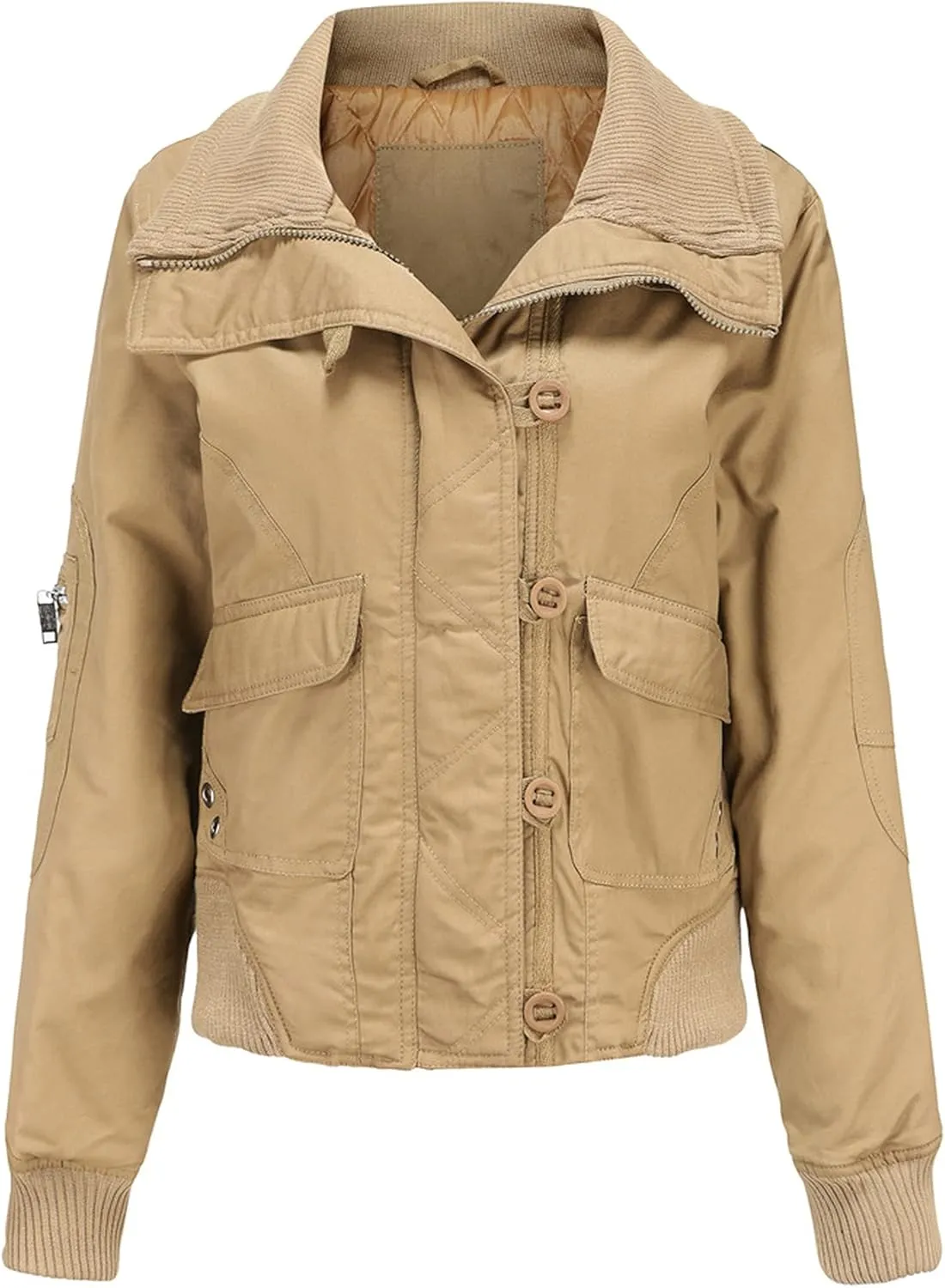 Women's Fall Winter Warm Casual Quilted Coat Rib-Knit Lapel Bomber Jacket