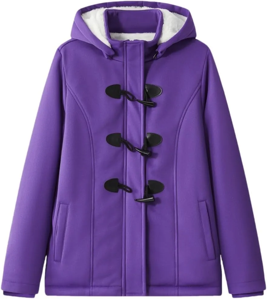 Women's Fashion Sherpa Fleece Thickened Horn Button Hooded Jacket Winter Warm Slim Coat