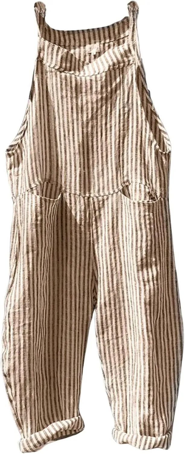 Women Oversized Summer Casual Stripes Cargo Jumpsuit Wide Leg Bib Overall Pants Plaid Dungarees (Small,Yellow stripe)