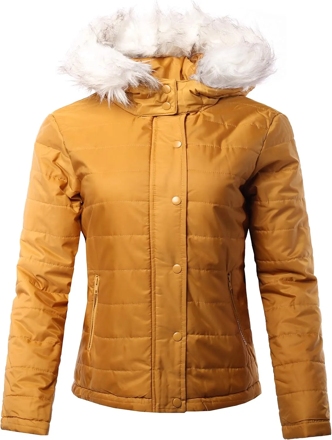 Women's Lightweight Faux Fur Hoodie High Neck Puffer Outerwear Jacket