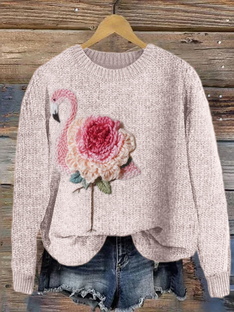Flamingo Rose Crochet Art Cozy Knit Sweater