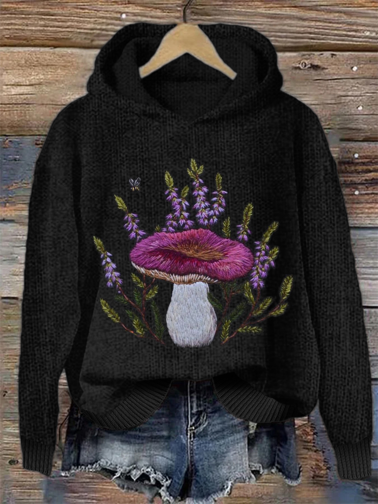Mushroom Floral Embroidery Art Cozy Knit Hoodie