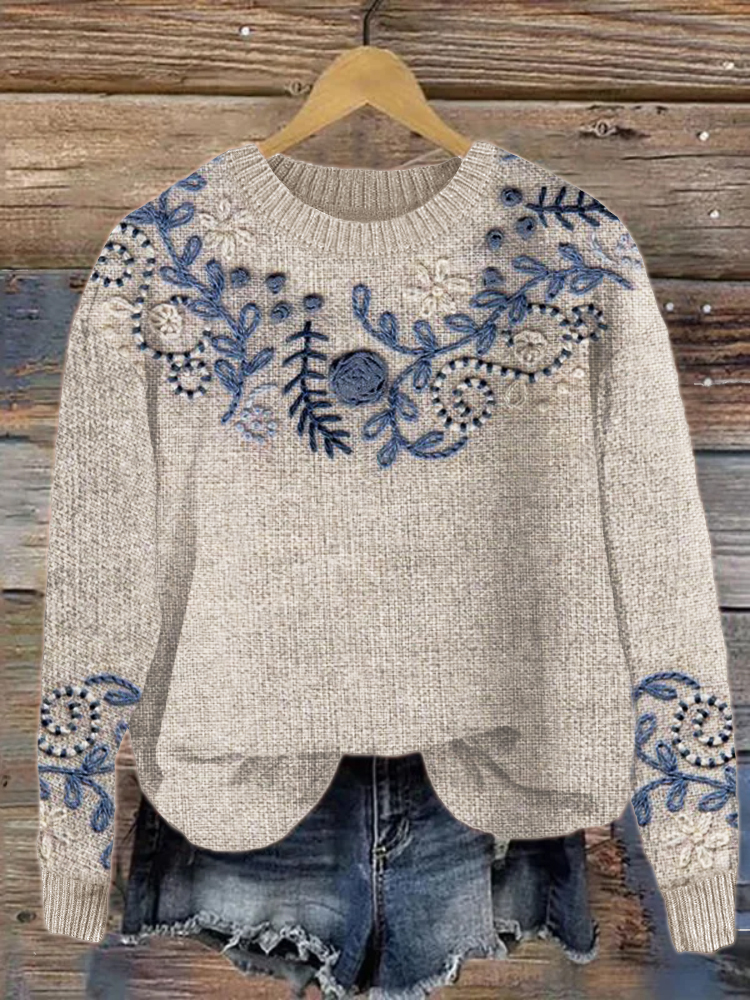 Vintage Floral Embroidered Cozy Knit Sweater