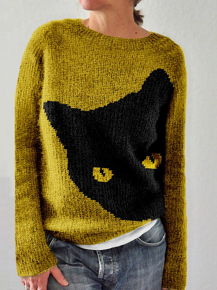 Black Cat Knit Art Crew Neck Cozy Sweater