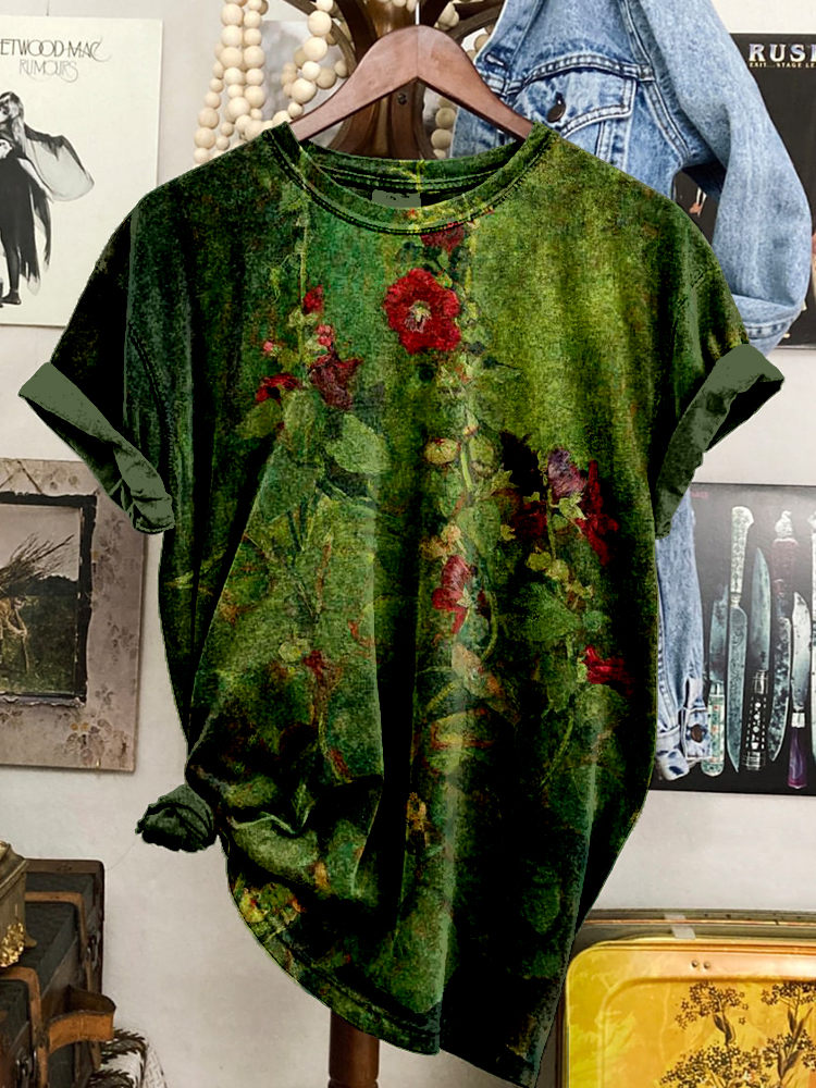 Vintage Hollyhocks Art Pattern Washed T Shirt