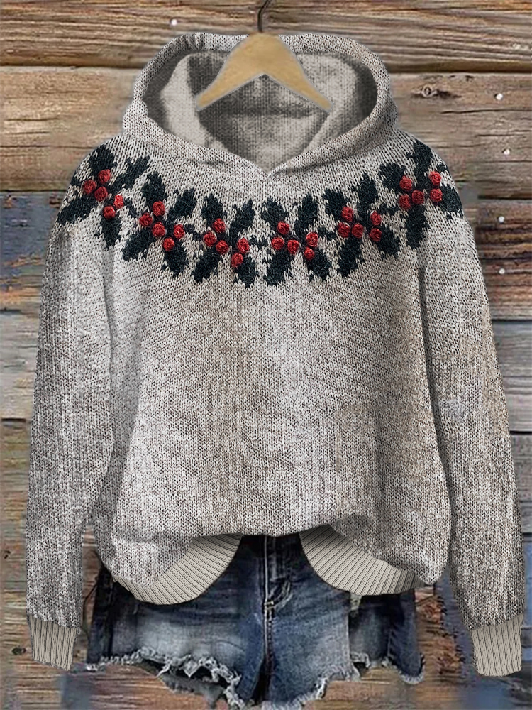 Christmas Berry Inspired Cozy Yoke Knit Hoodie