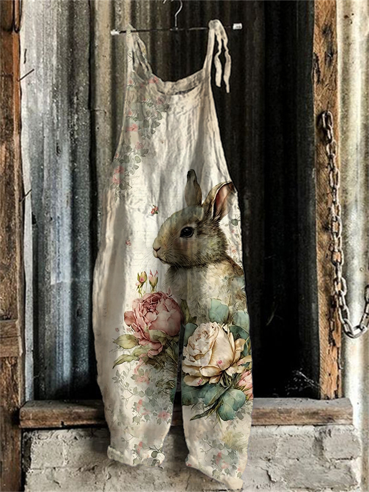 Vintage Bunny Floral Art Loose Fit Jumpsuit