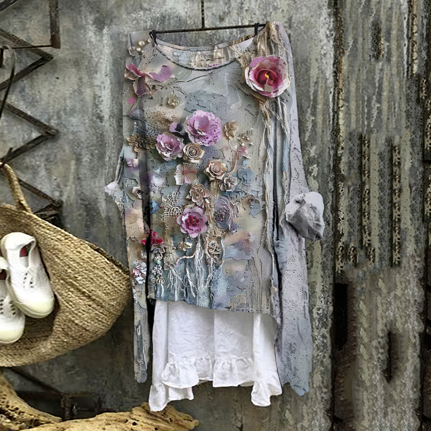 Women's Vitange Floral Art Round Neck Shirt