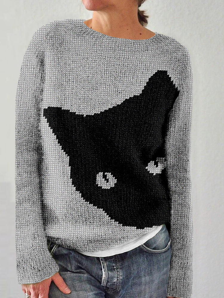 Black Cat Knit Art Crew Neck Cozy Sweater