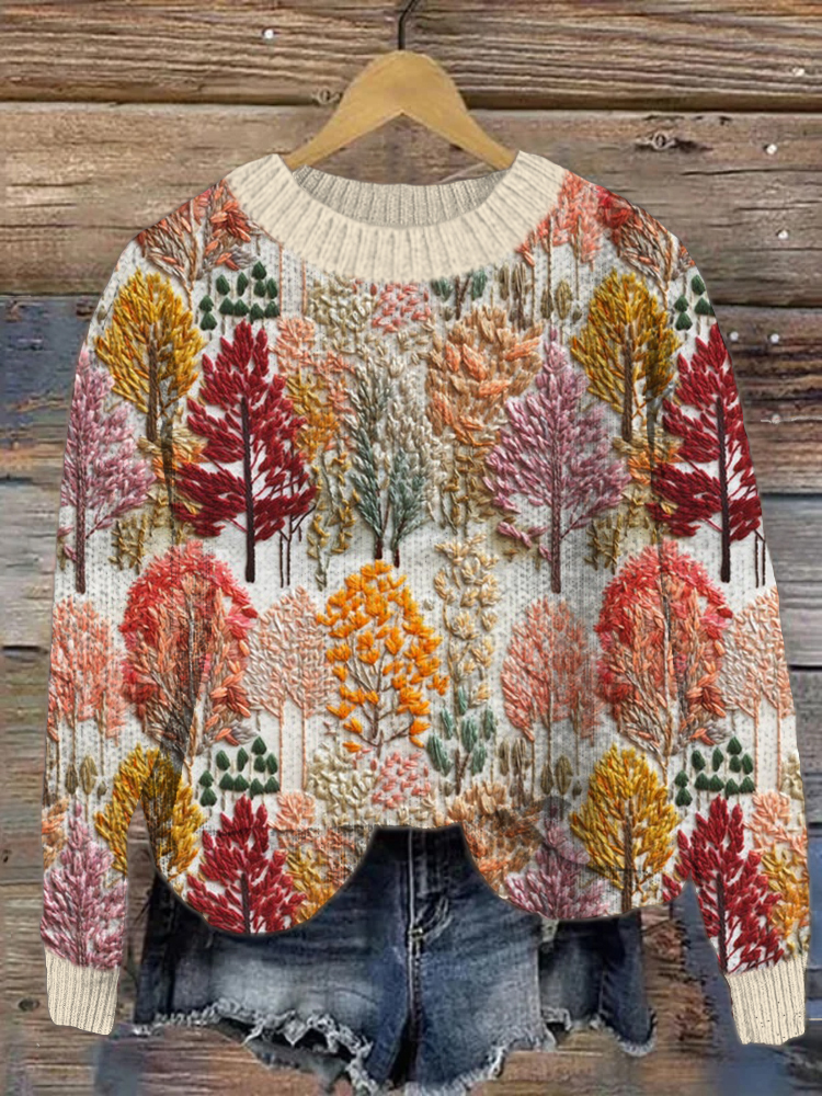 Autumn Forest Embroidery Crew Neck Knit Sweater