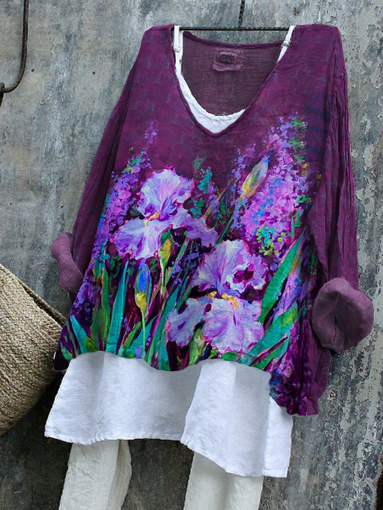 Classy Irises Oil Painting Flowy Tunic