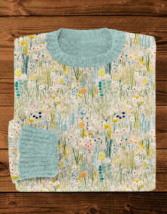 Wildflower Embroidery Art Pattern Cozy Knit Sweater