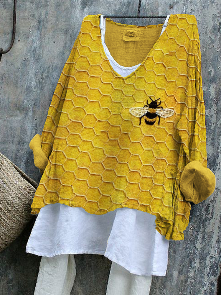 Bee & Honeycomb Inspired Embroidered Linen Blend Tunic