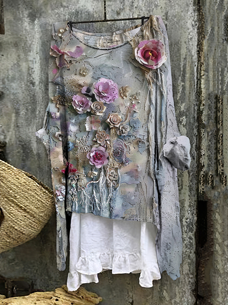 Women's Vitange Floral Art Round Neck Shirt