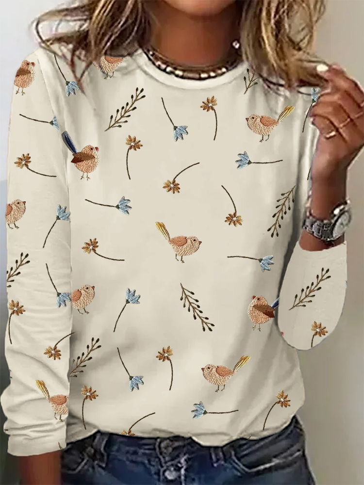 Birds Floral Embroidery Pattern Comfy T Shirt