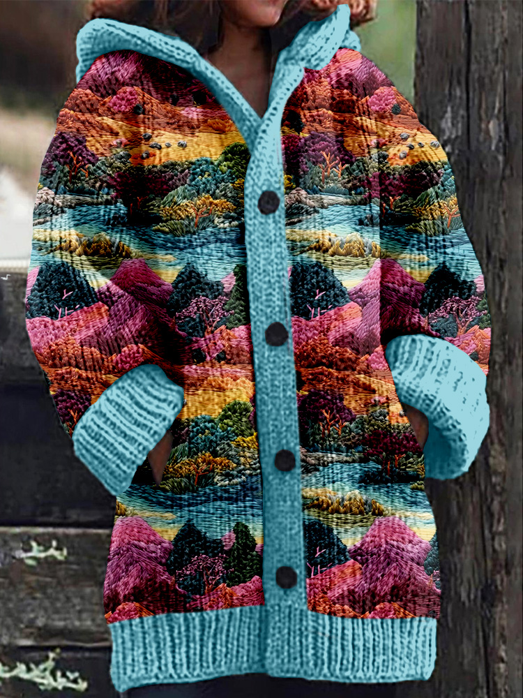 Embroidered Mountain Pattern Cozy Hooded Cardigan