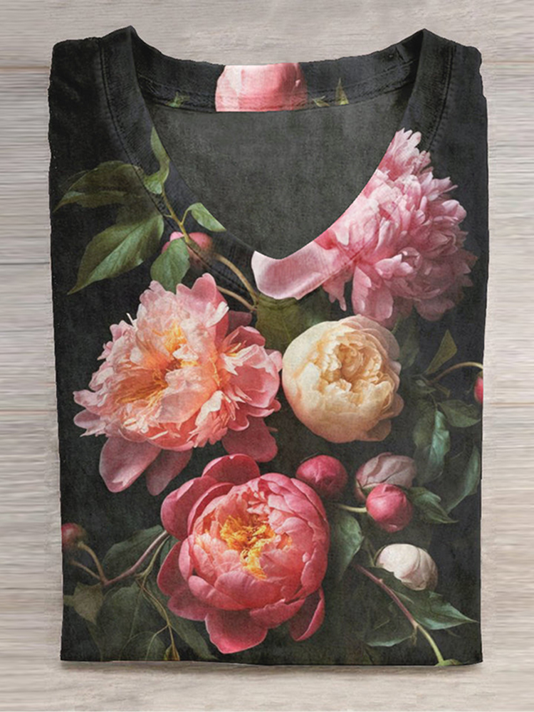 Floral Art Print V-Neck Long Sleeve T-Shirt