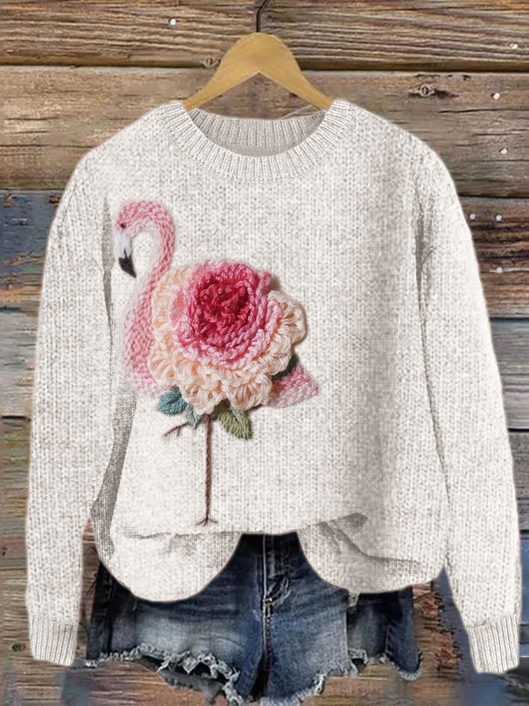 Flamingo Rose Crochet Art Cozy Knit Sweater