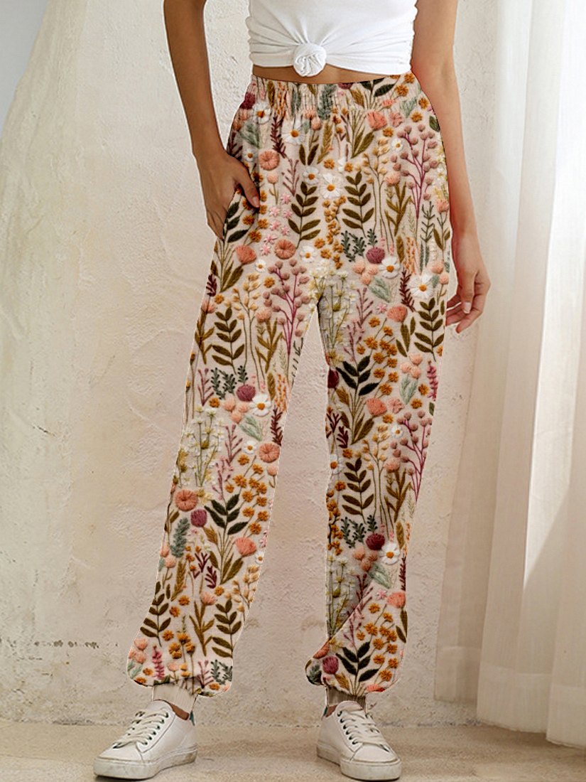 Wildflower Meadow Floral Embroidery Pattern Comfy Sweatpants