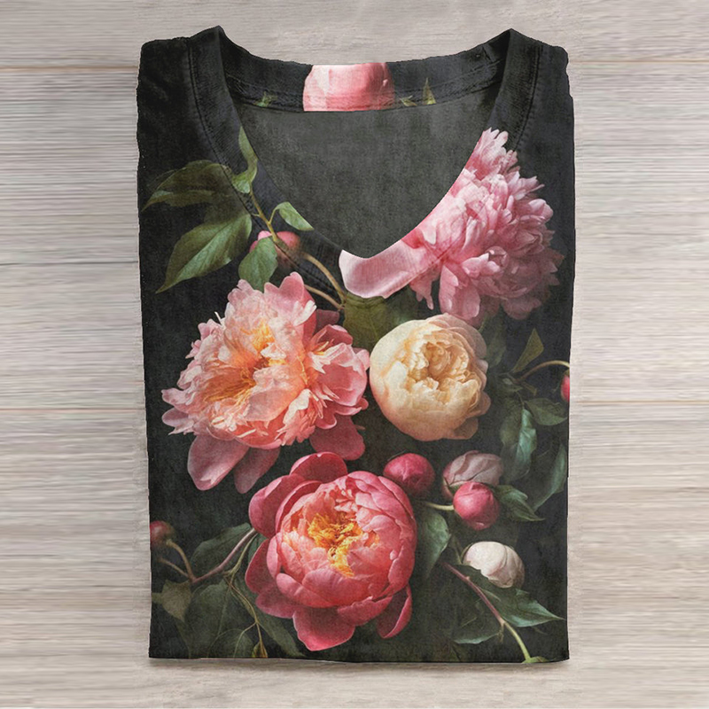 Floral Art Print V-Neck Long Sleeve T-Shirt