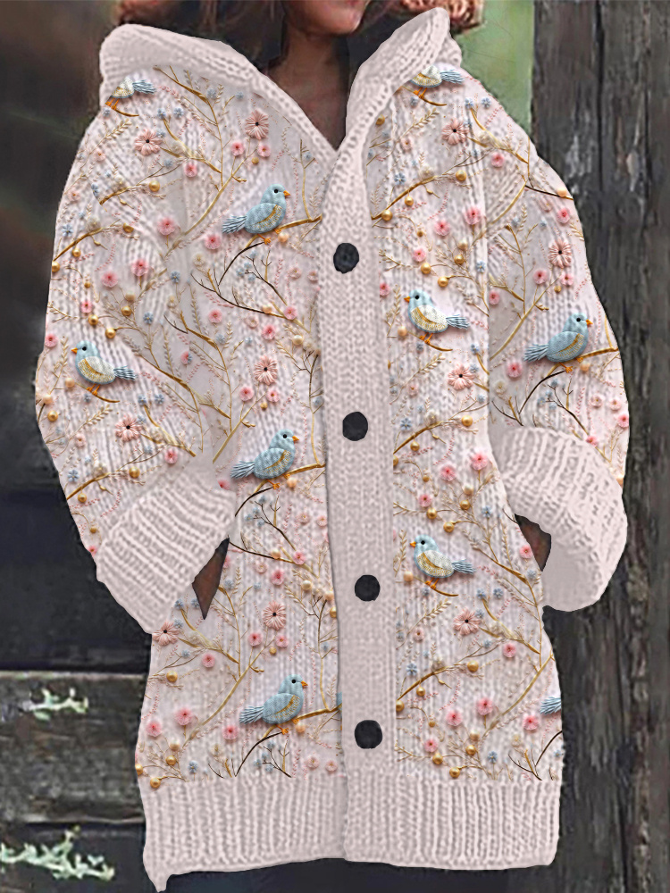 Flowers & Birds Embroidery Art Cozy Knit Hooded Cardigan