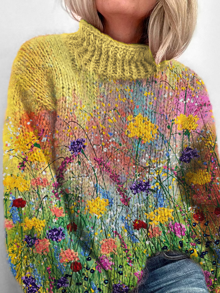Wild Flowers Oil Painting Art Cozy Knit Turtleneck Sweater