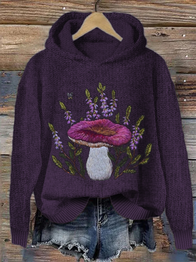 Mushroom Floral Embroidery Art Cozy Knit Hoodie