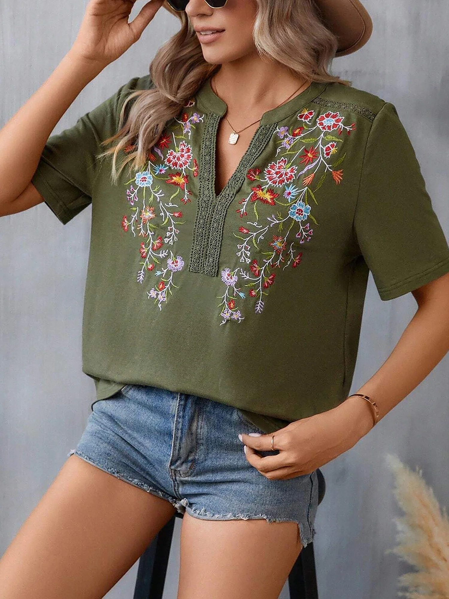 Embroidery Notch Neck Short Sleeves Casual Blouse