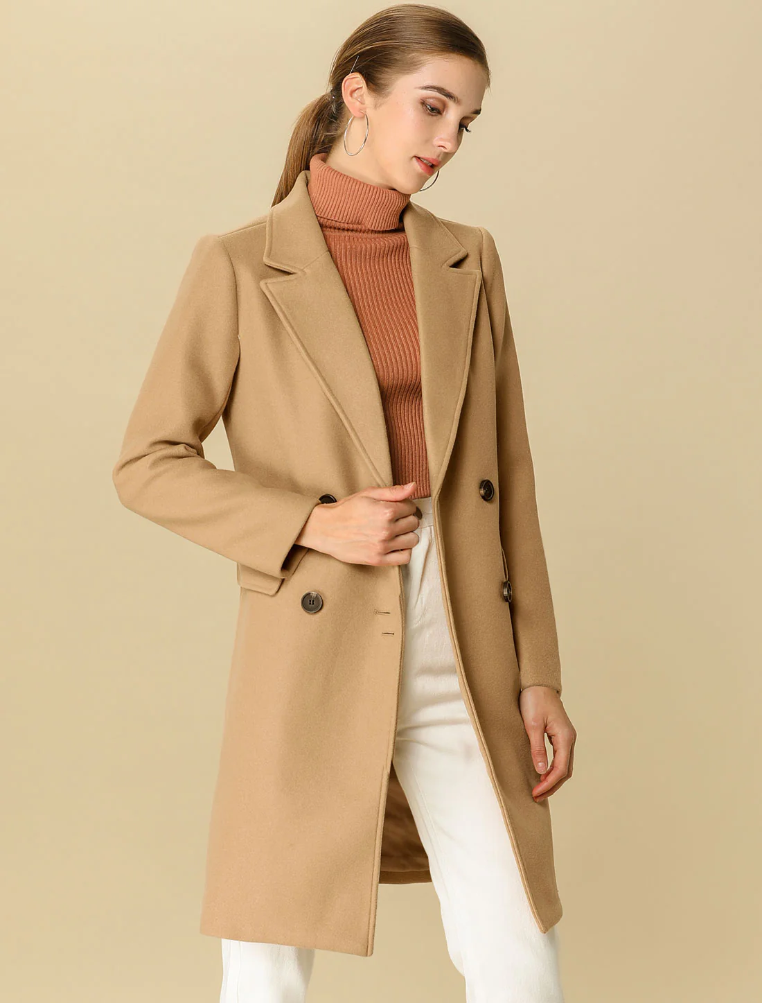 Notch Lapel Double Breasted Belted Mid Long Outwear Winter Coat