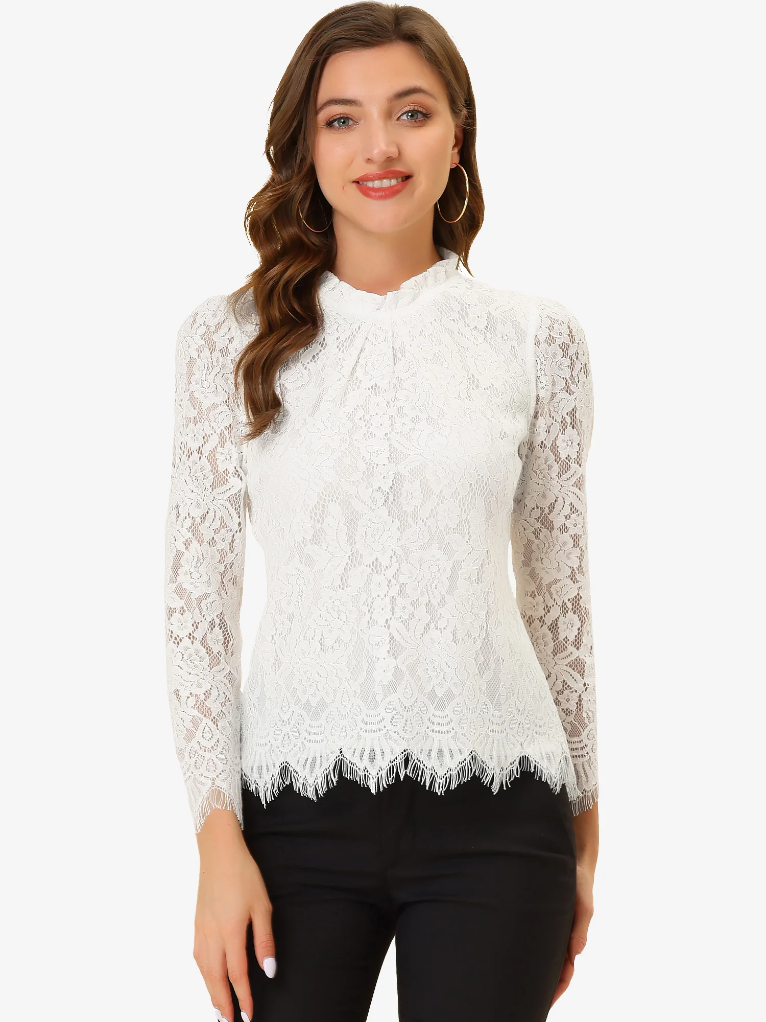 Lace Long Sleeve Ruffle Stand Neck Floral Blouse