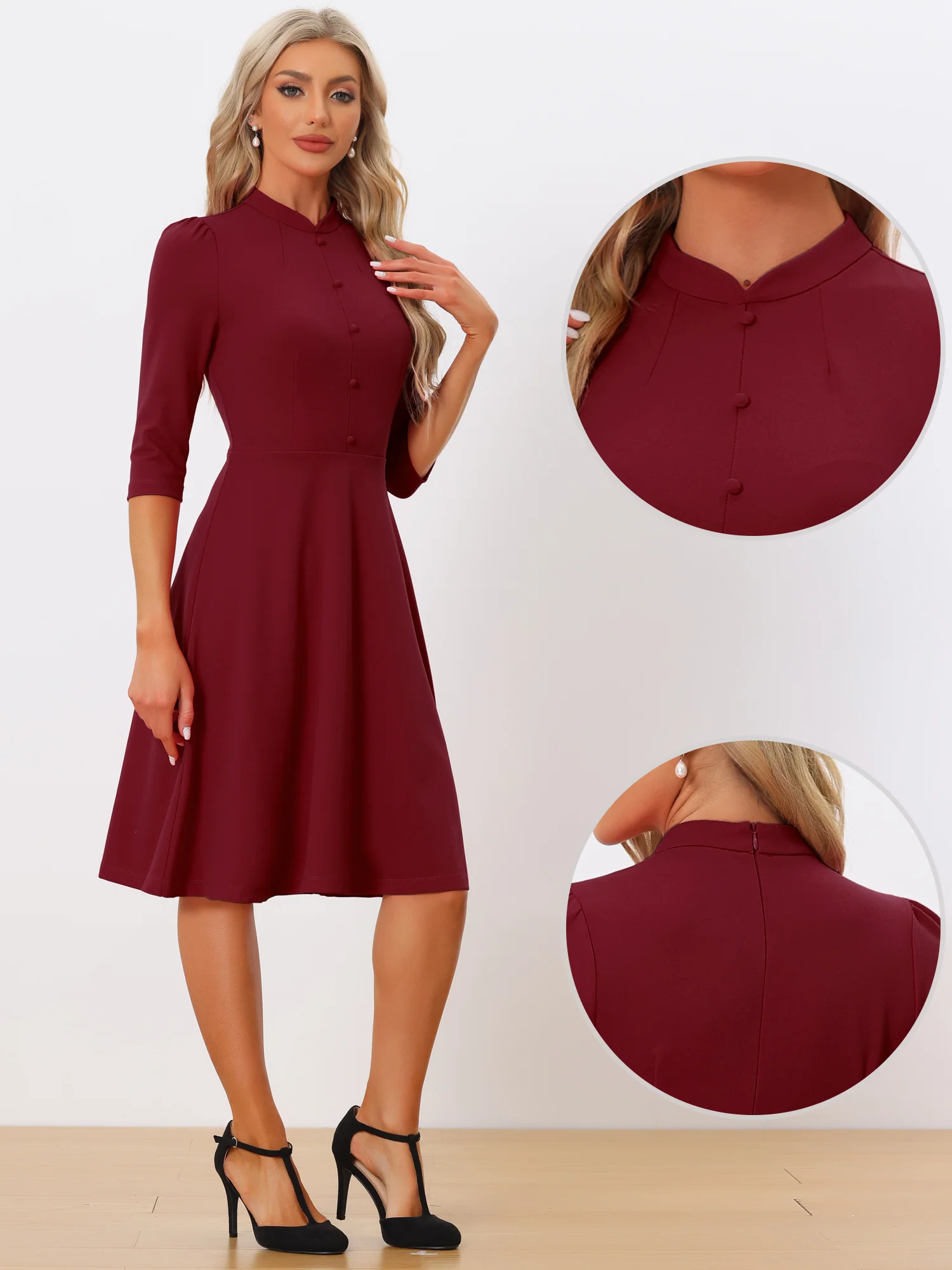 Retro 3/4 Sleeve Stand Collar Office Work Elegant A-Line Dress