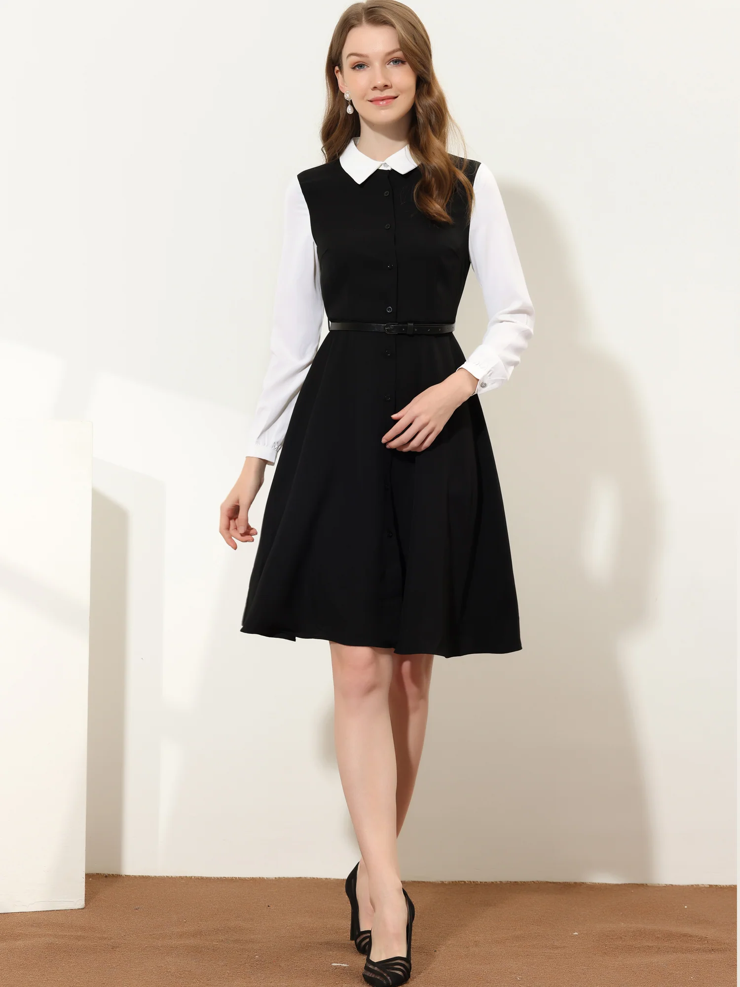Work Button Front Dress Long Sleeve Contrast Collar Shirtdress