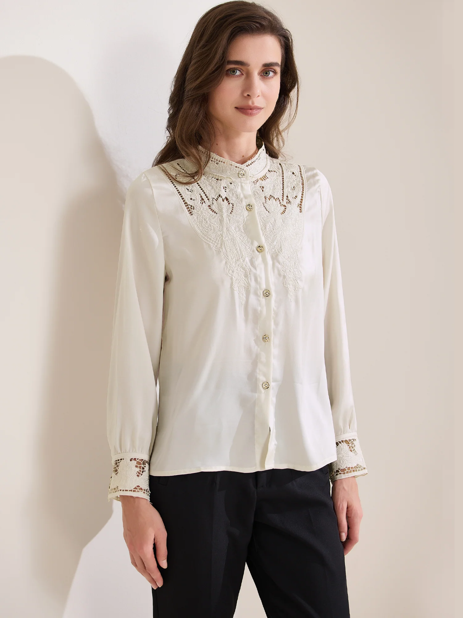 Lace Patchwork Long Sleeve Satin Mock Neck Shirts