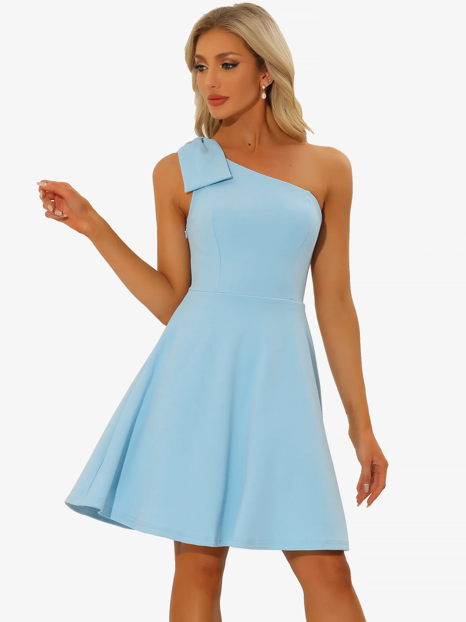 Bow One Shoulder Sleeveless Pockets A-Line Midi Dress