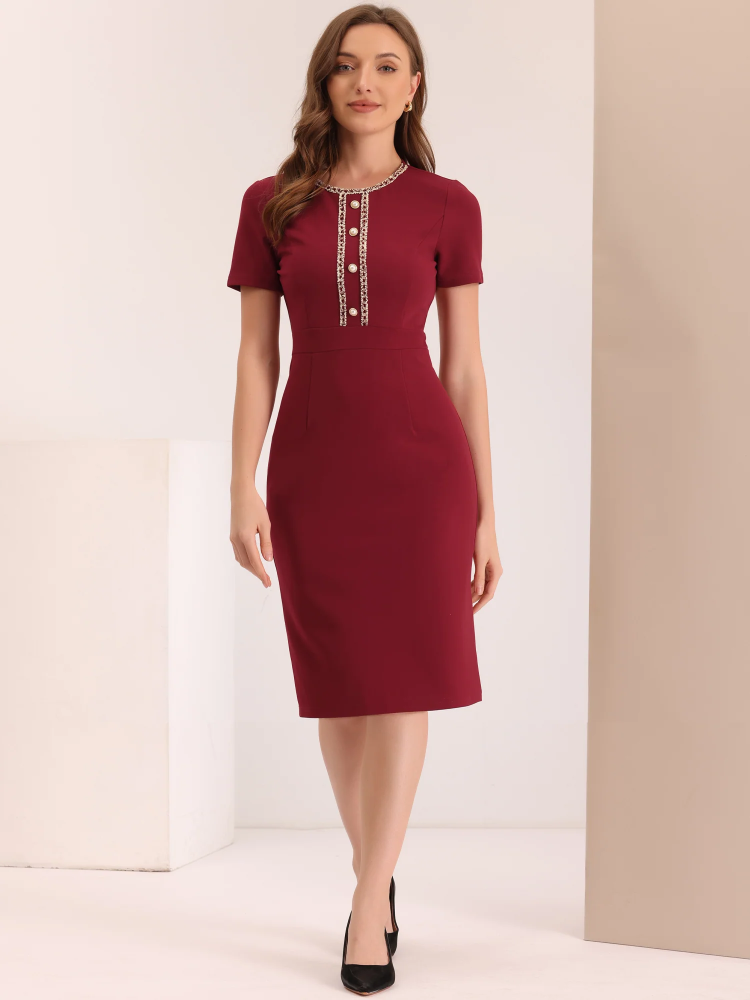 Short Sleeve Button Decor Bodycon Sheath Work Midi Dress
