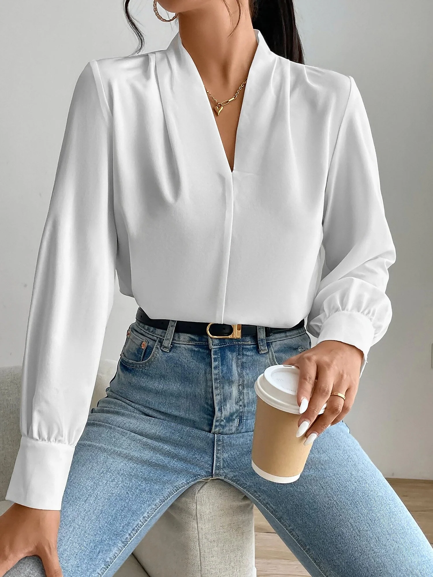 Classic Elegant V Neck Pleated Long Sleeves Solid Color Blouse