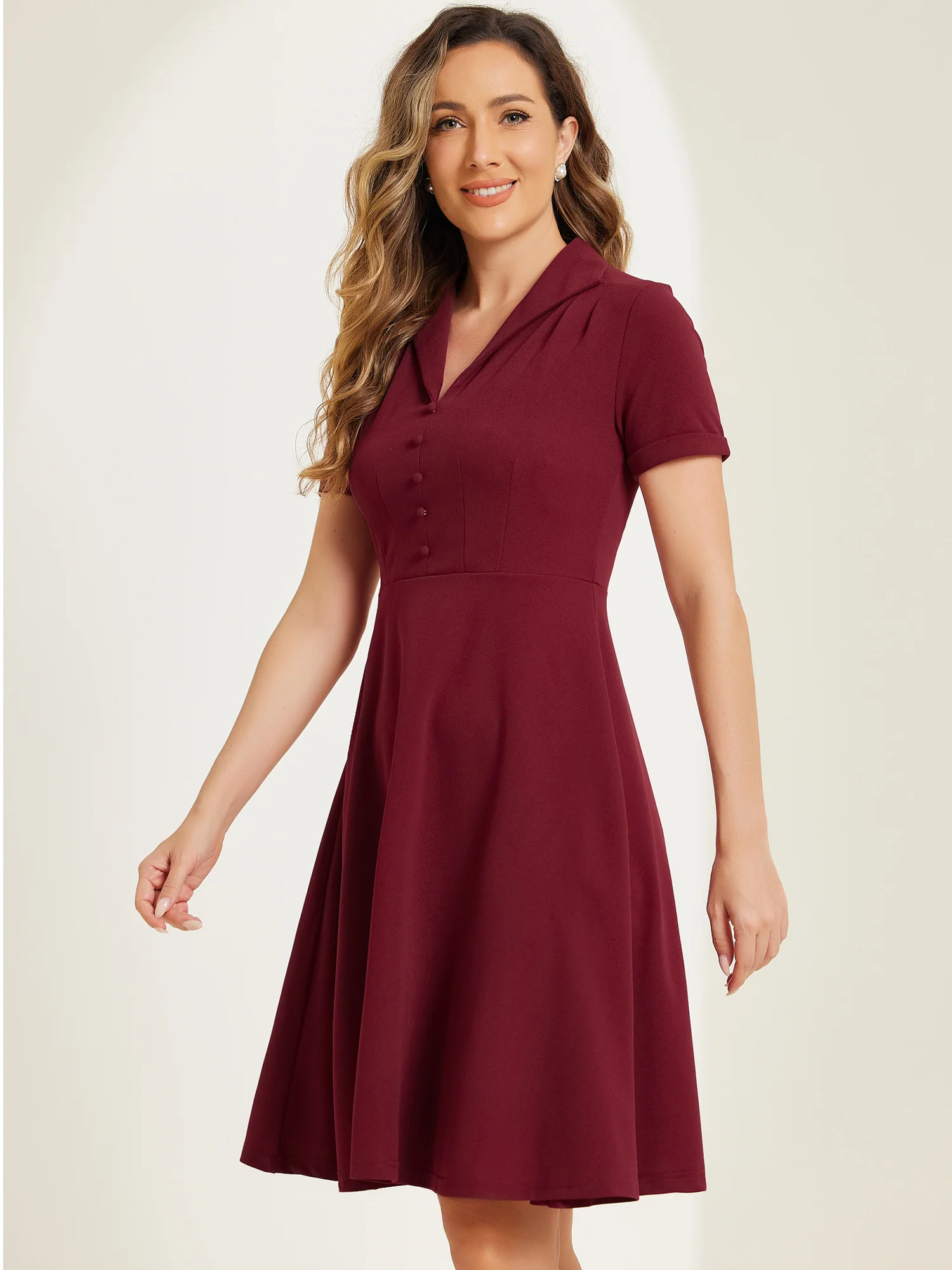 Vintage Flat Collar Solid Color Short Sleeve Fit and Flare Midi Dress