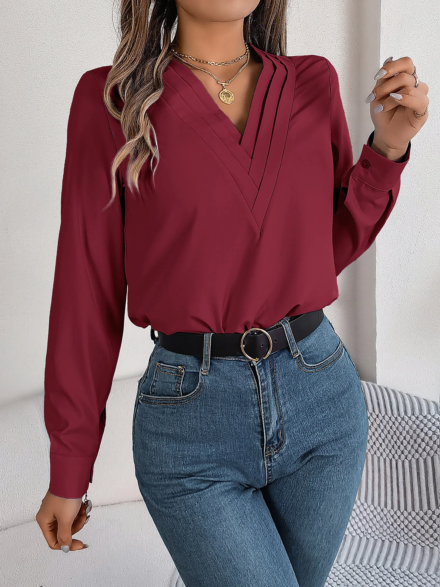 Solid Color Double Layer Breathable V Neck Long Sleeve Casual Business Work Blouse
