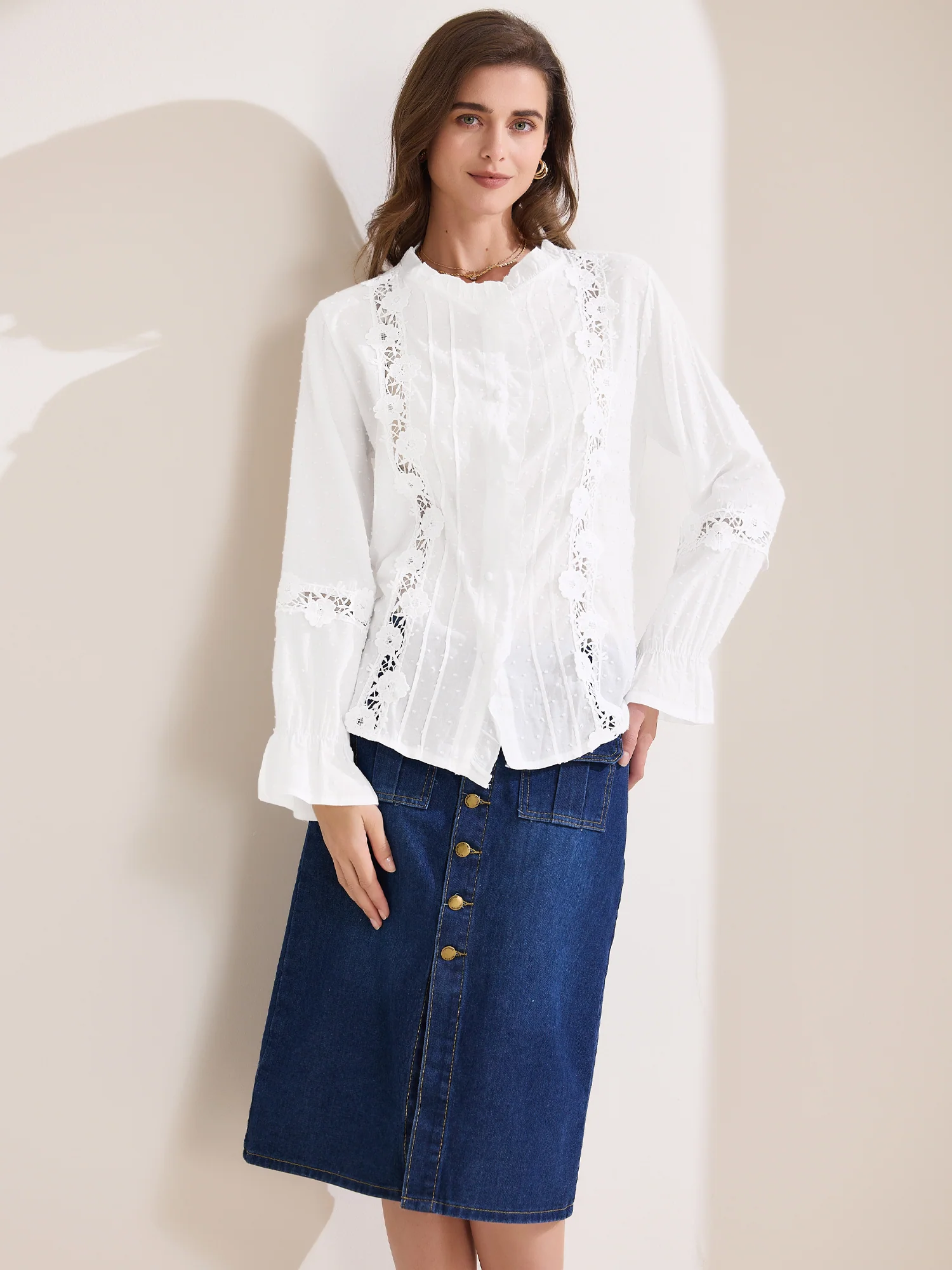 Swiss Dots Ruffle Neck Long Sleeve Lace Blouse