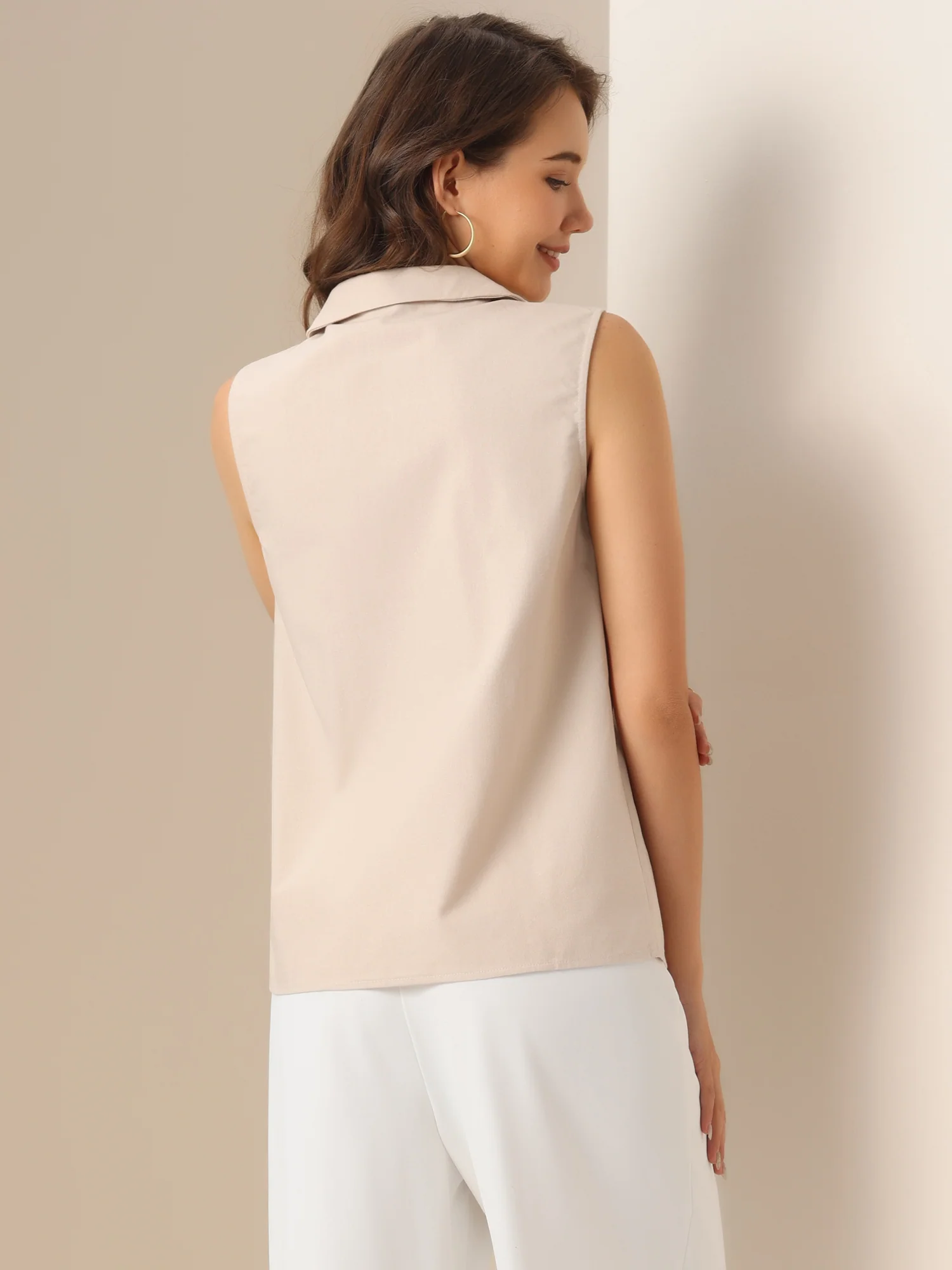 Sleeveless Work Button Down Collared Linen Tops