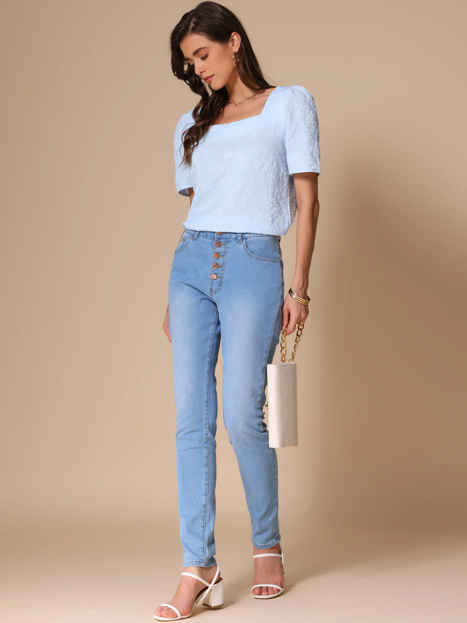 Square Neck Short Sleeve Floral Textured Blouse