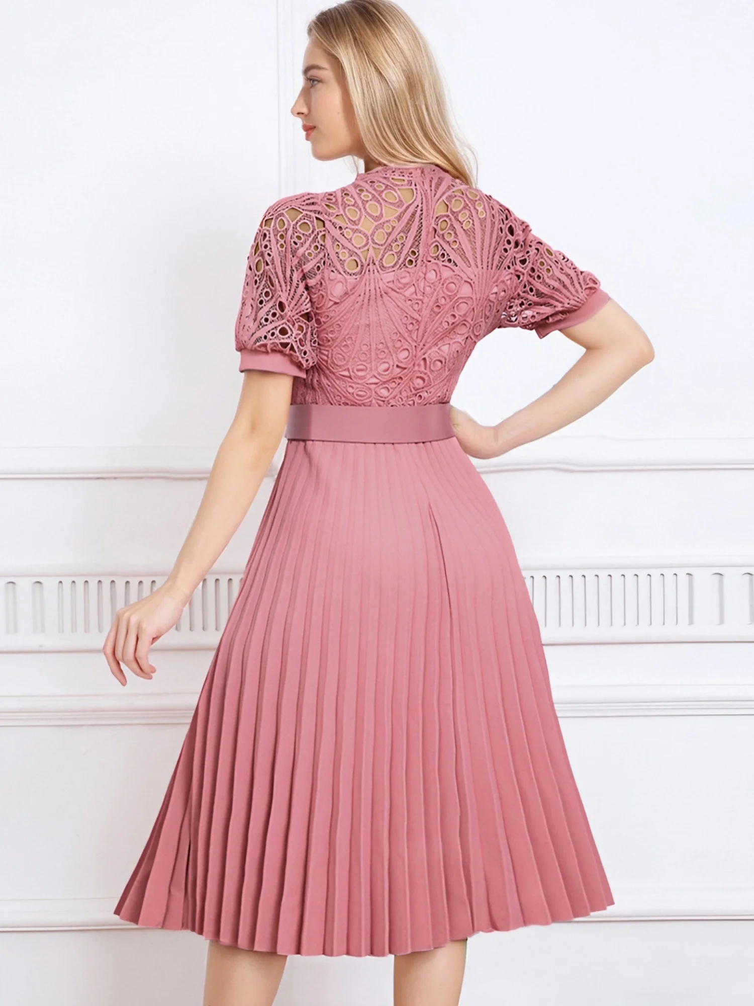 Elegant Vintage-Inspired Lace Patchwork Belted Pleated Midi Dress