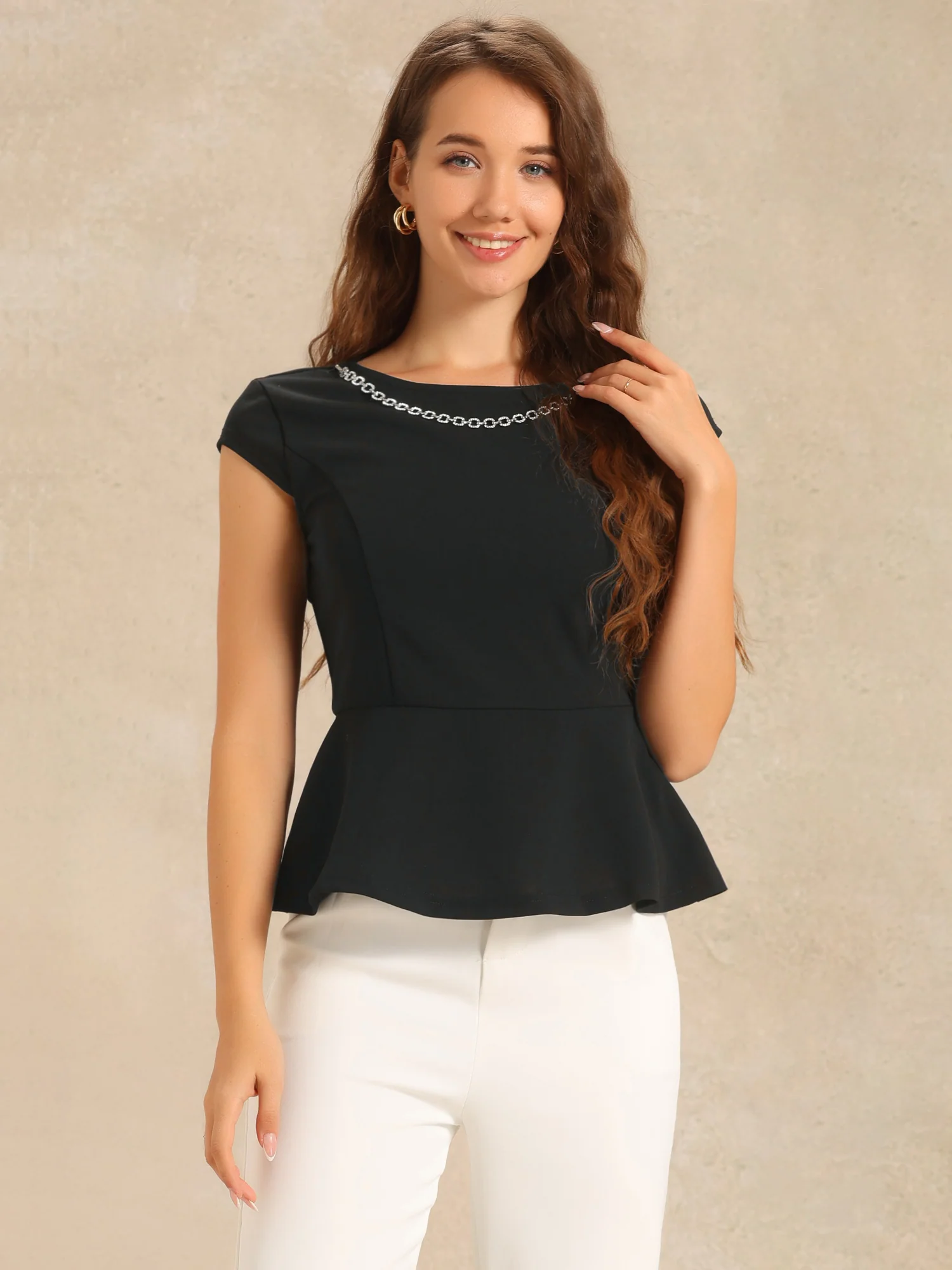 Round Neck Cap Sleeve Rhinestone Decor Peplum Blouse
