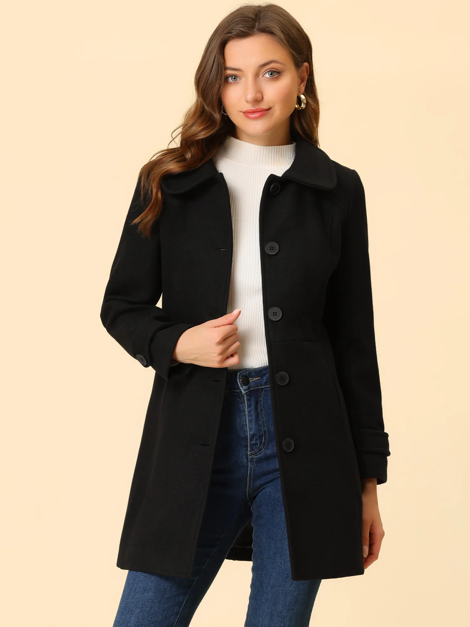 Peter Pan Collar Single Breasted Winter Outwear Buttoned Long Coat