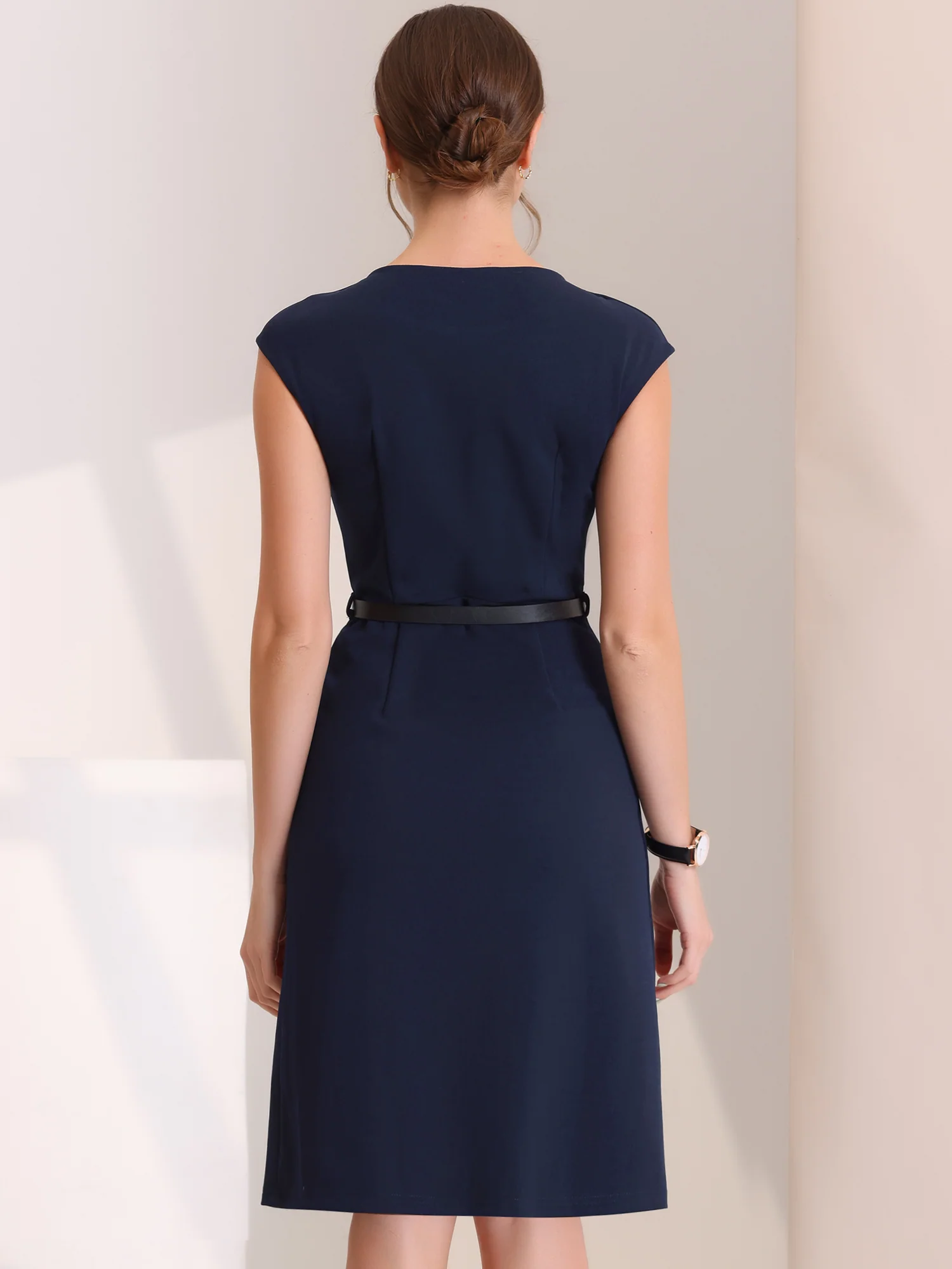 Elegant Business Cap Sleeve Belted Pencil Work Sheath Dress
