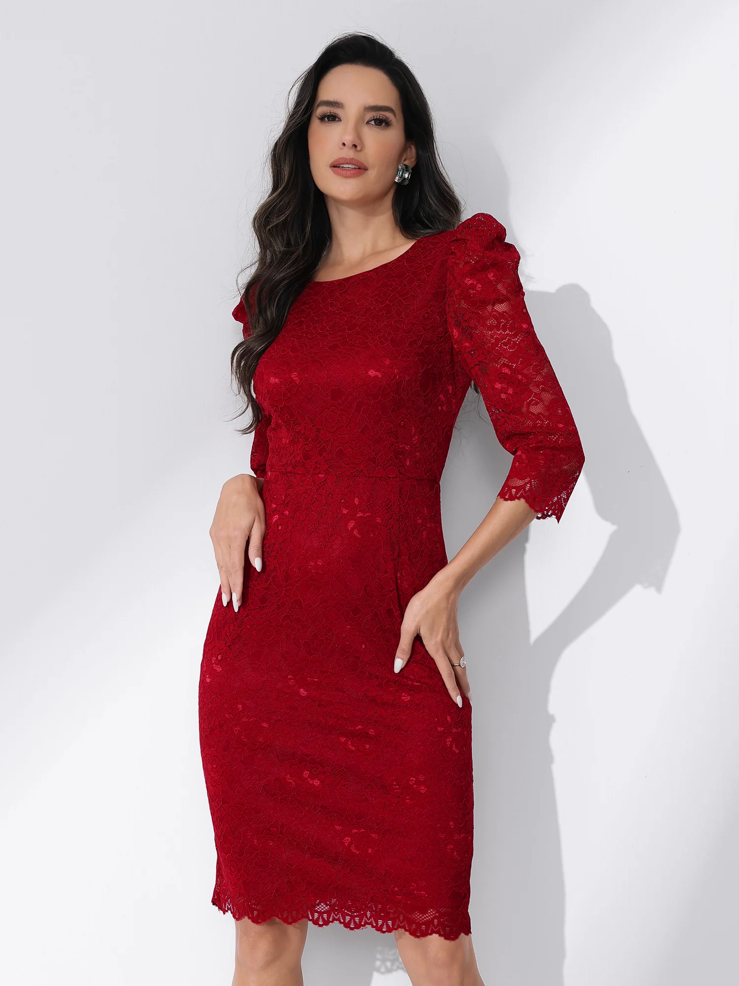 Lace Floral Crew Neck 3/4 Sleeve Bodycon Guest Cocktail Dress