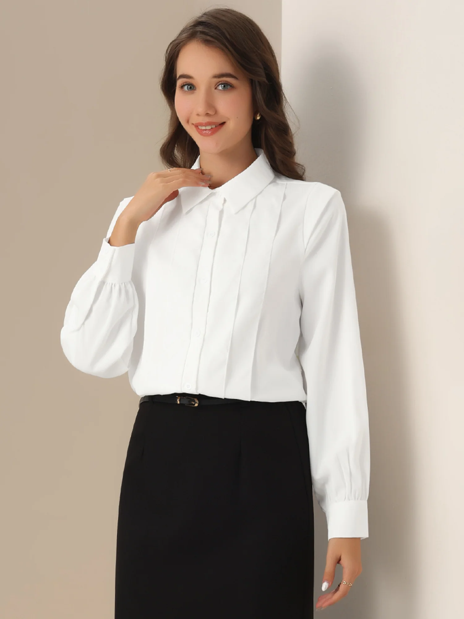 Pleated Collared Long Sleeve Office Work Shirt