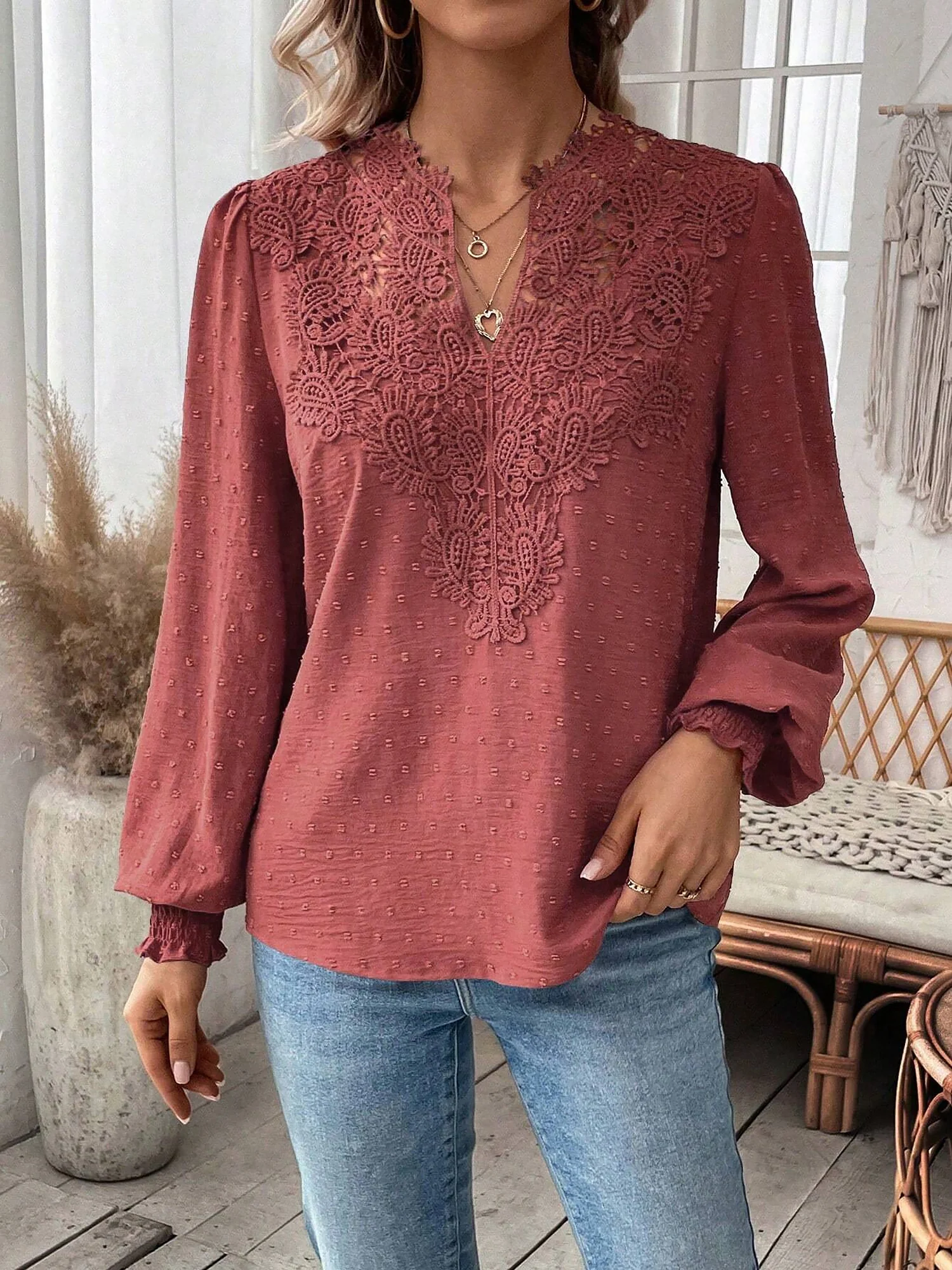 Mixed Pattern Paisley Lace Swiss Dots Smocked Long Sleeve Blouse