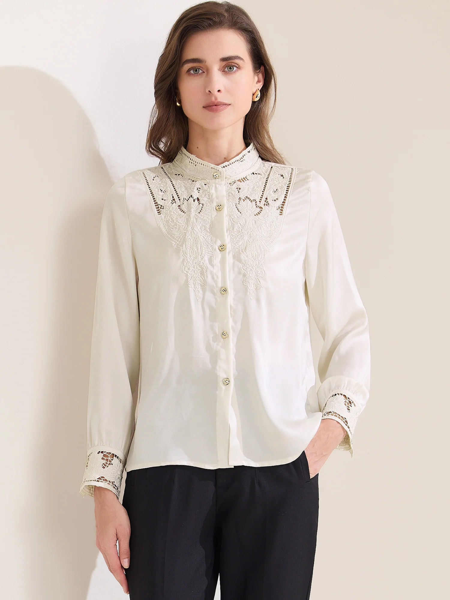 Lace Patchwork Long Sleeve Satin Mock Neck Shirts