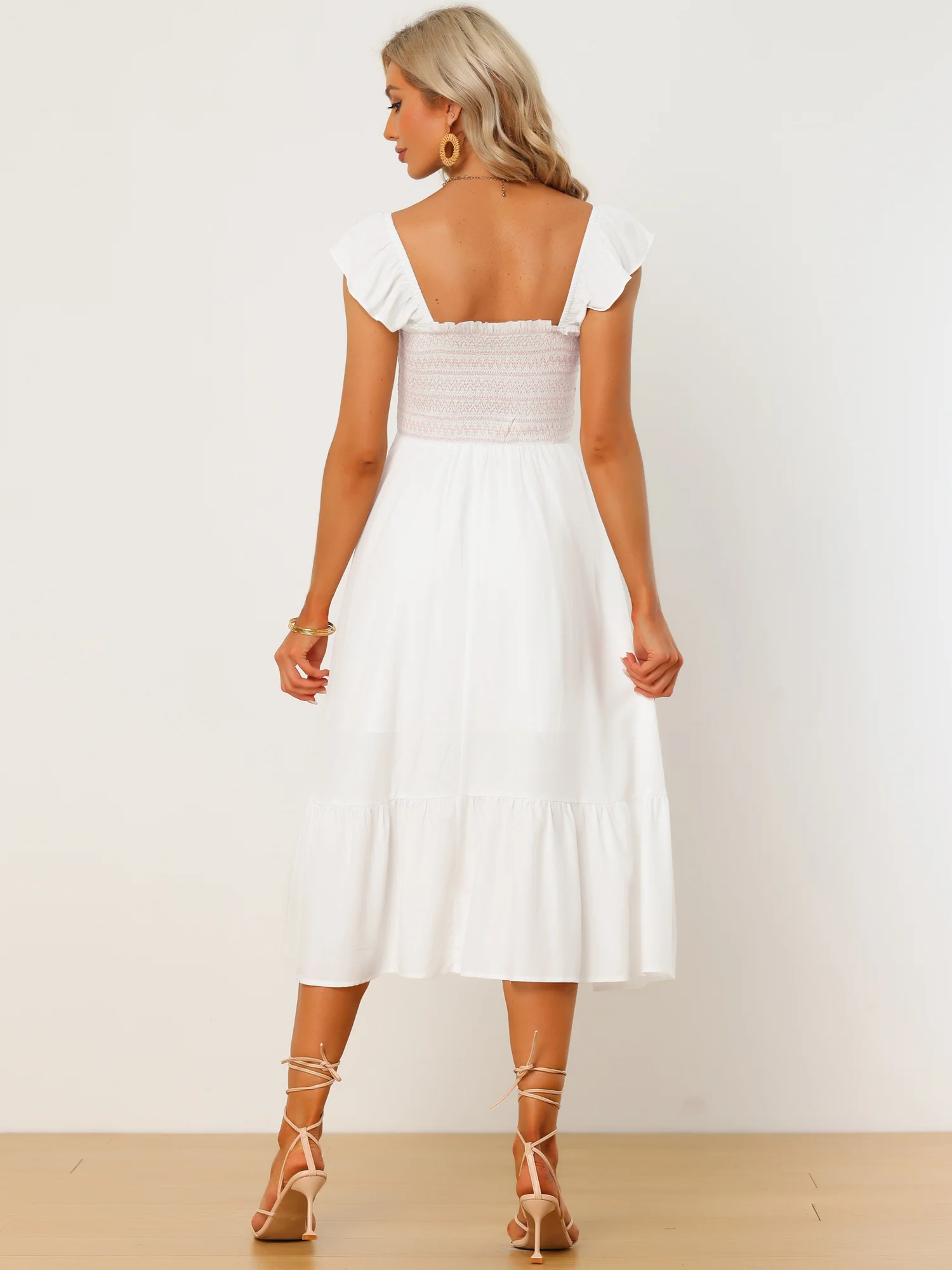 Boho Square Neck Ruffle Tiered Flowy Smocked Midi Dress Sundress